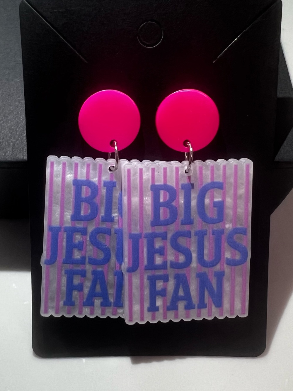 Big Jesus Fan Statement Earrings - Hot Pink & Blue